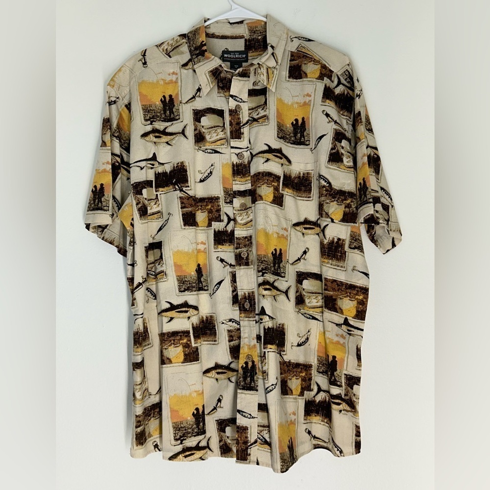 Vintage Woolrich Mens Fishing Fish Hook Print Button Down SS Shirt Beige Size XL